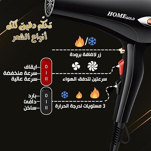 مجفف شعر هوم جولد الاحترافي 3000 واط (Home Gold HG-682) - لتجفيف سريع وتسريحة صالونات في منزلك