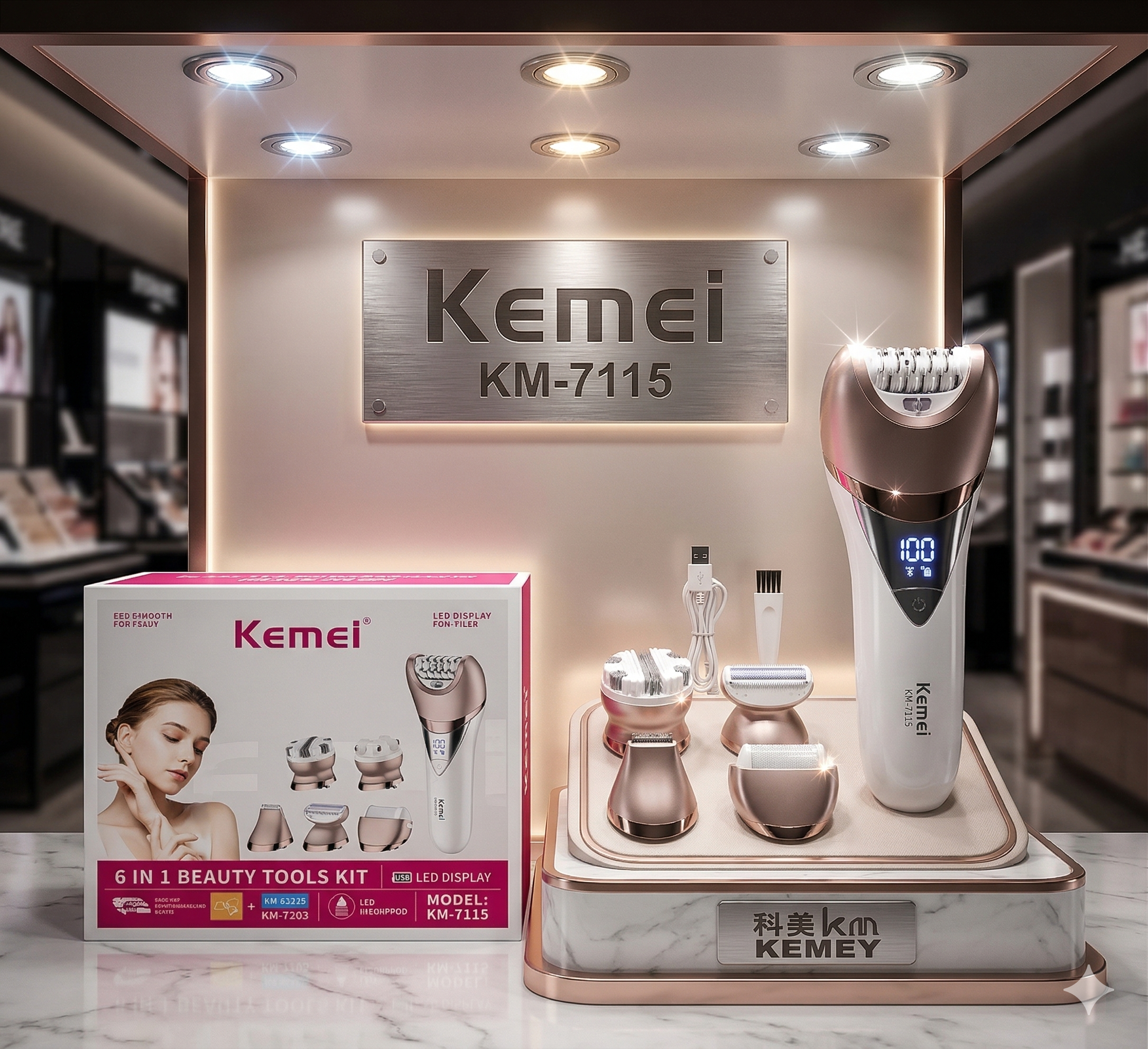 ماكينة إزالة الشعر والعناية Kemei 7115 الأصلية (6 في 1) - صالون تجميل متكامل في بيتك
